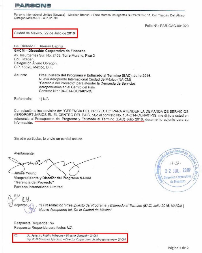 Desde 2016 un informe de la empresa Parsons advirtió que el presupuesto del NAIM aumentaría. 