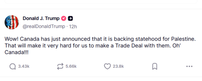Trump le advierte a Canadá que su respaldo hacia Palestina le complicará firmar un acuerdo comercial.