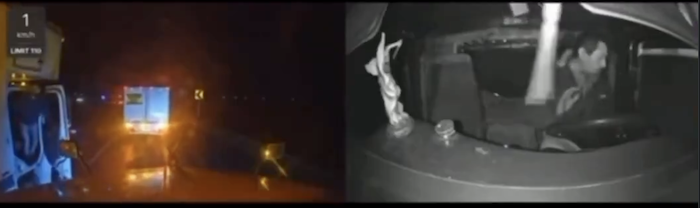 Cámaras de seguridad de un tráiler captaron en video el momento en el que un transportista es asaltado mientras circulaba por la carretera México-Querétaro.