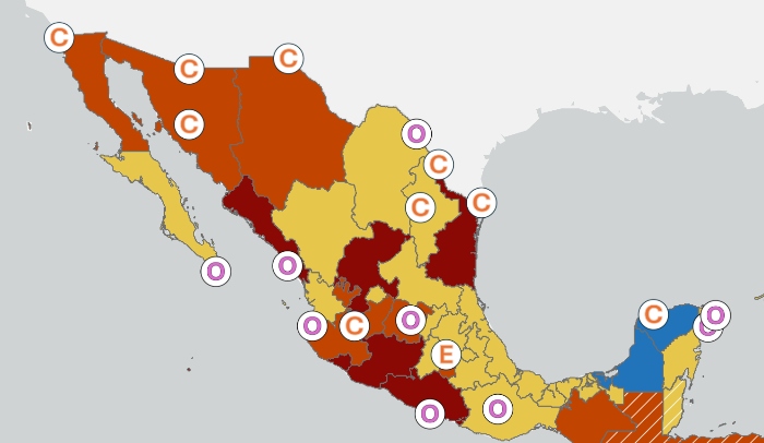 El mapa publicado por EU para sus ciudadanos con las alertas y "zonas rojas" en México.