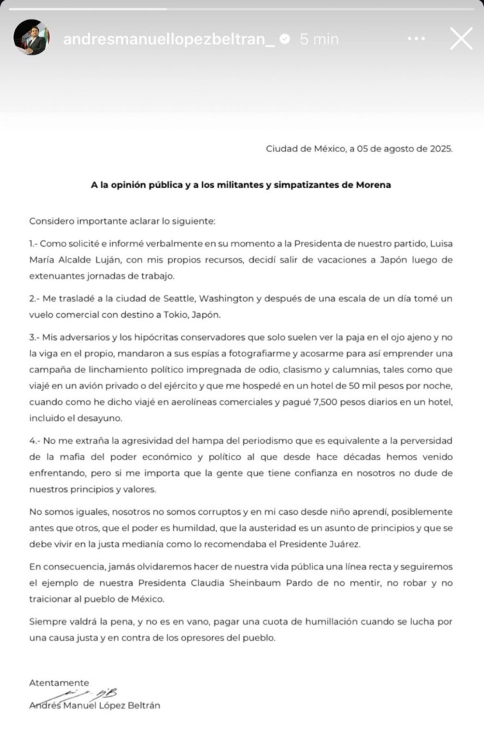 Comunicado de Andrés Manuel López Beltran sobre sus vacaciones en Japón.