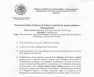 La orden del día para la comparecencia de Lozano ante comisiones de la Comisión Permanente.