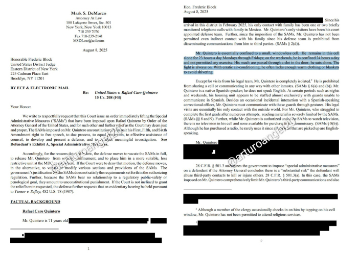 Abogados de Caro Quintero acusan que su cliente recibe restricciones carcelarias propias de un terrorista.