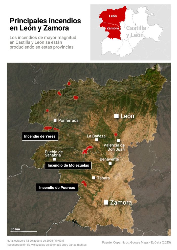 El fuego se extiende por muchos puntos de España con más de una docena de incendios forestales, la mayoría de ellos concentrados en Castilla y León