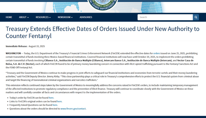 Hacienda amplía fecha efectiva de órdenes emitidas bajo nueva autoridad para contrarrestar tráfico de fentanilo.