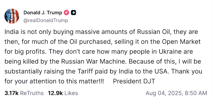 El Presidente Trump anunció que aumentará "sustancialmente" los aranceles impuestos a la India en represalia por comprar petróleo a Rusia.
