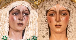 Dos versiones de la Virgen de la Macarena de Sevilla: la izquierda de marzo, la derecha de junio, tras las restauraciones.