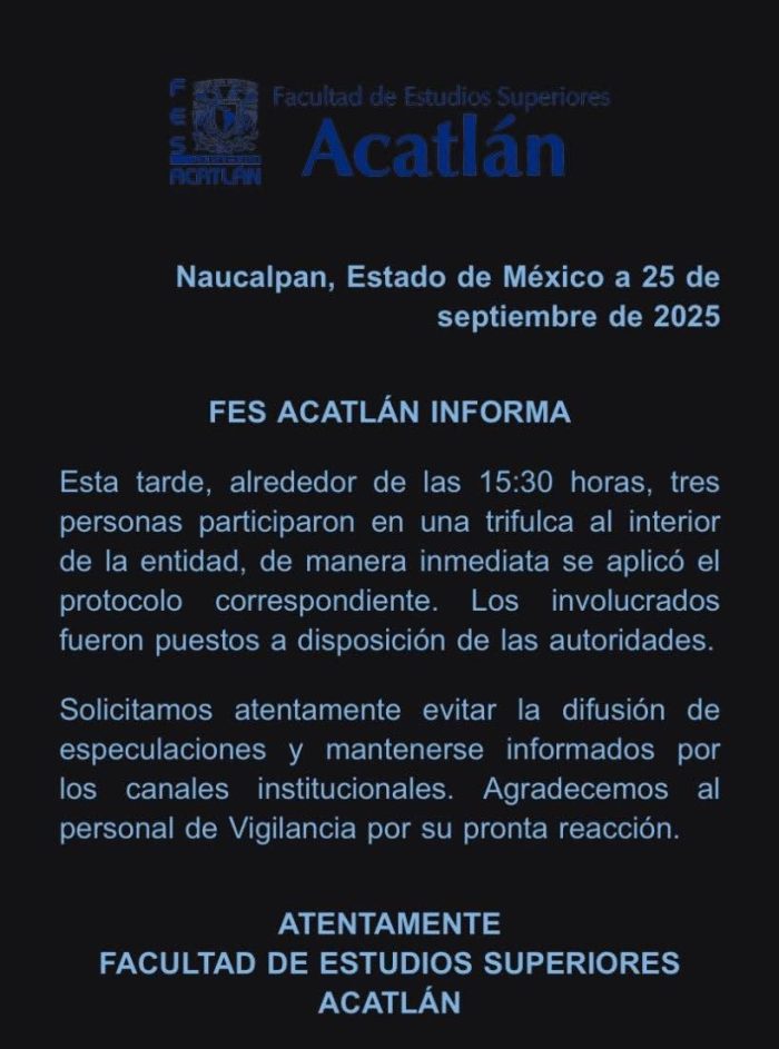Tres personas fueron detenidas este jueves en la Facultad de Estudios Superiores (FES) Acatlán, de la Universidad Nacional Autónoma de México (UNAM)