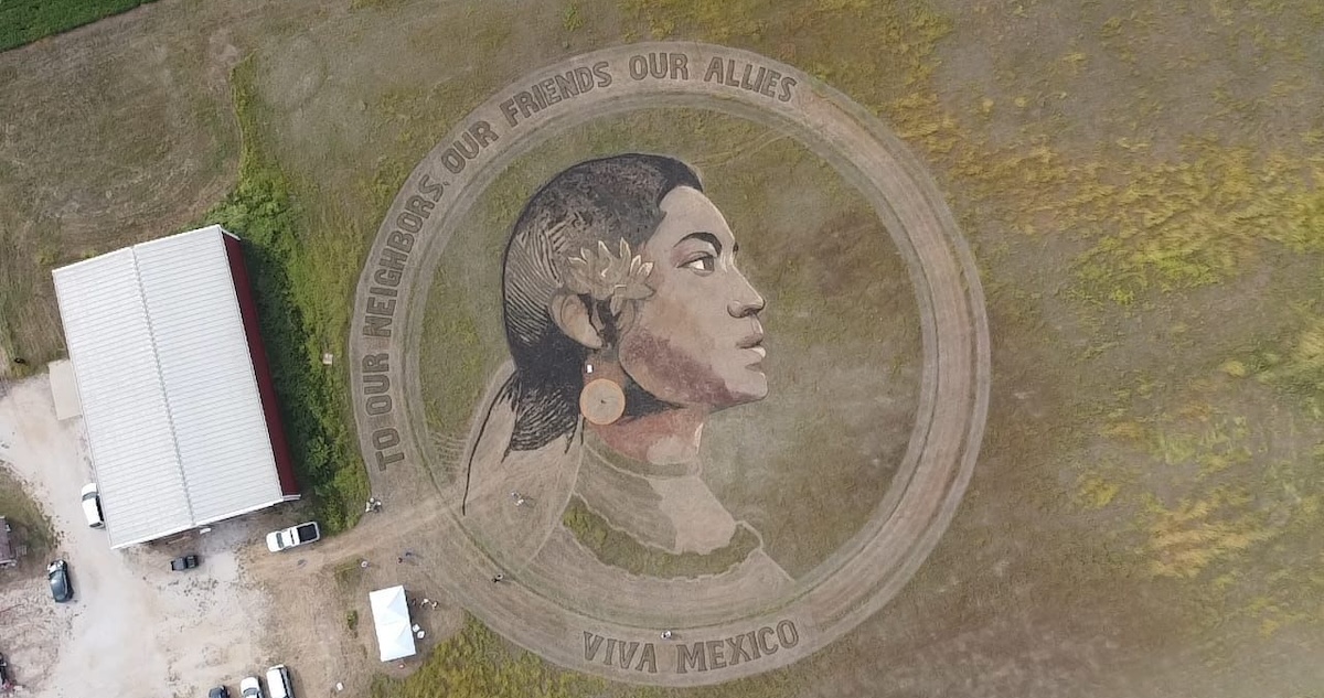 El artista estadounidense Stan Herd creó una monumental obra en un campo de cultivo de EU para rendir homenaje a la mujer indígena mexicana.
