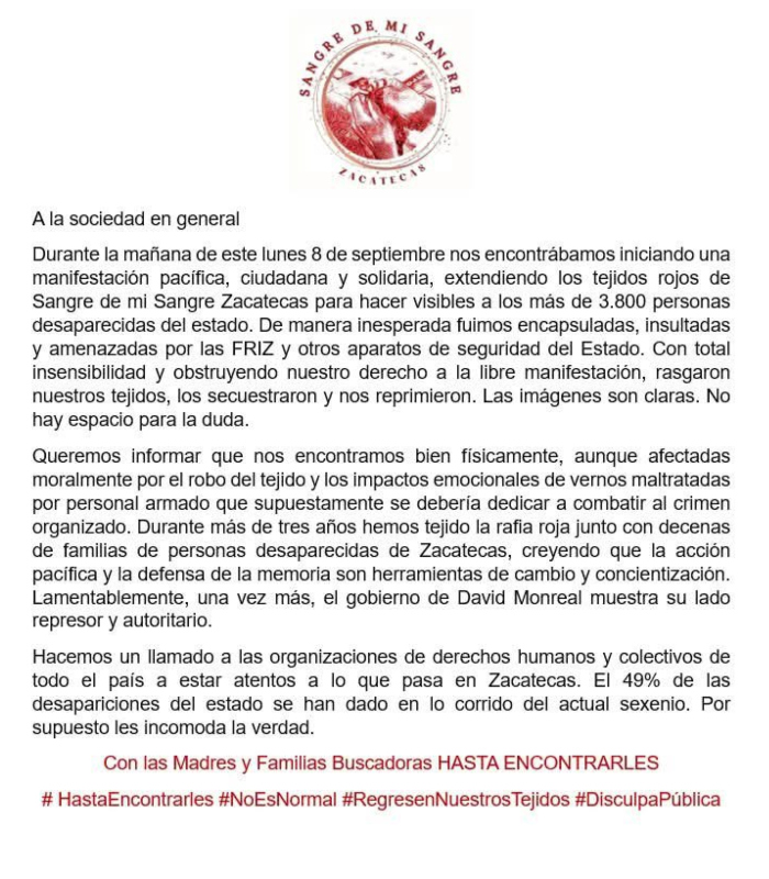 Autoridades de Zacatecas encapsulan a colectivos de madres buscadoras comunicado.