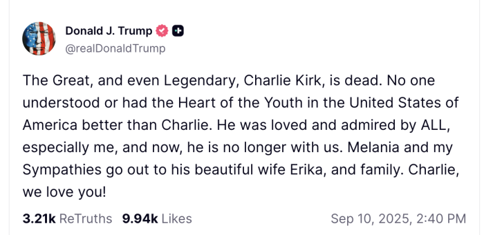 Trump confirmó la muerte de Charlie Kirk tras el ataque en su contra.