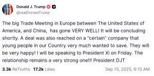 El mensaje de Trump sobre el acuerdo con China por TikTok.