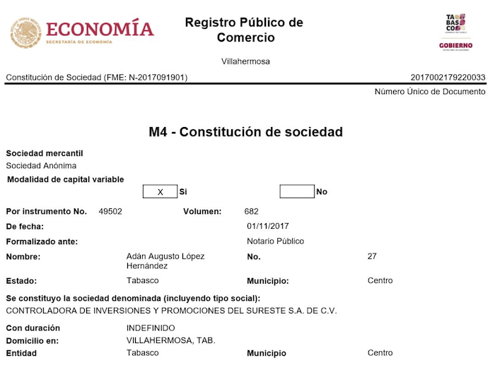 Registro Público de Comercio donde se muestra a Adán Augusto López Hernández como notario de la empresa de Bermúdez Requena