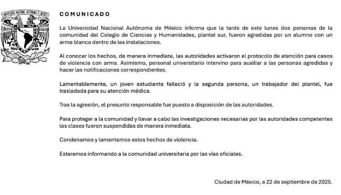 Un estudiante del Colegio de Ciencias y Humanidades Sur murió esta tarde tras ser atacado con arma blanca por otro alumno que ingresó al plantel encapuchado.