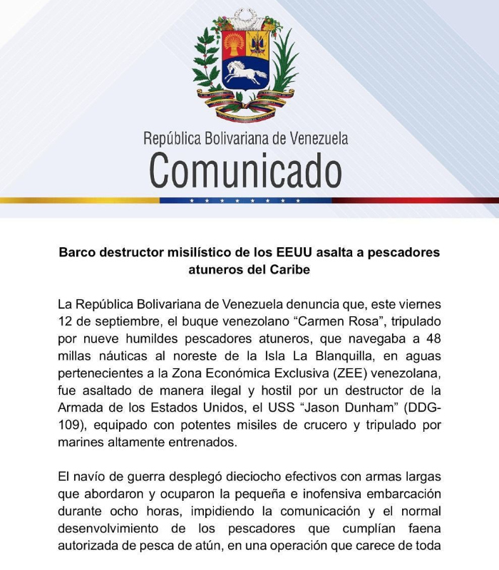 Venezuela denuncia asalto a barco pesquero por destructor de la armada de EU.