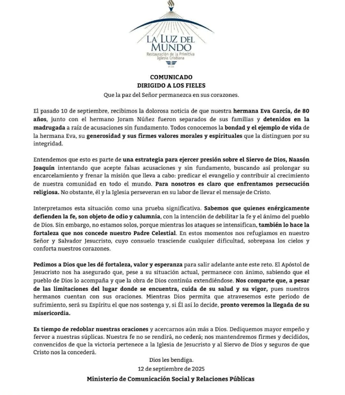 La Luz del Mundo, comunicado.