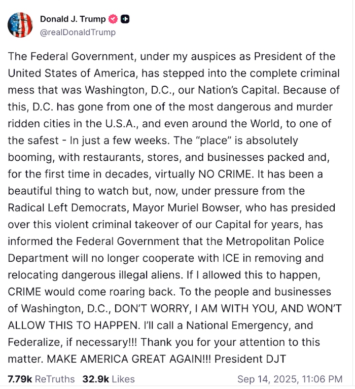 Trump amagó con declarar una emergencia nacional en Washington D.C. si la policía local no colabora con el ICE.