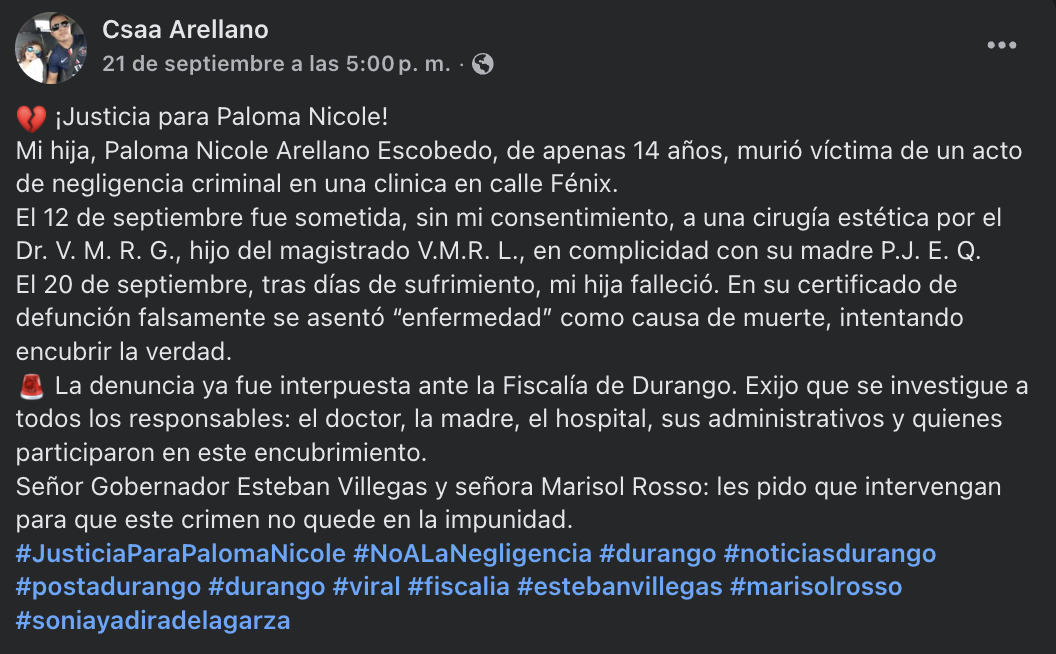 Paloma Nicole, de 14 años, murió en Durango por complicaciones tras la realización de varios procedimientos estéticos en una clínica privada.