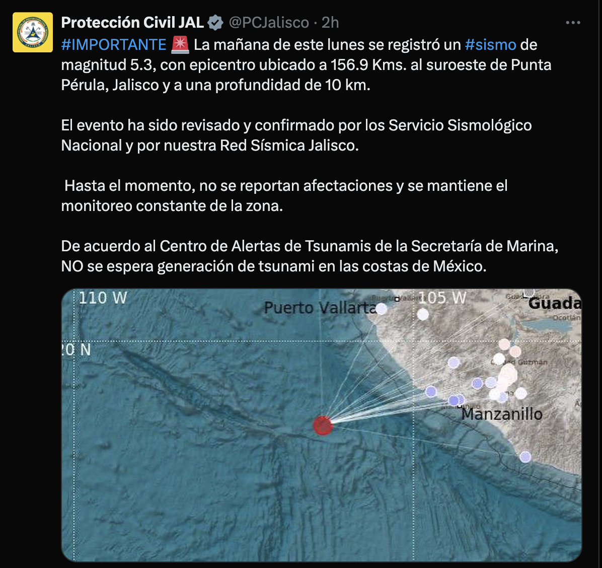 El SSN informó que se registró un sismo de magnitud 5.3 cerca de la costa del estado de Jalisco, sin que se reporten daños o la posibilidad de un tsunami.
