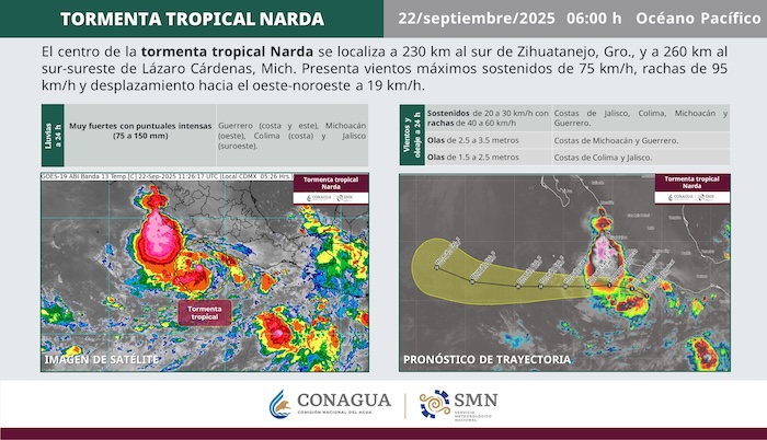 La tormenta tropical "Narda" que se formó en el Océano Pacífico provocará lluvias intensas en al menos cuatro estados de la República Mexicana, alertó el SMN.