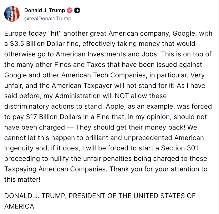 Donald Trump, amenazó a la Unión Europea con represalias económicas por imponer una multa millonaria a Google por prácticas monopólicas.