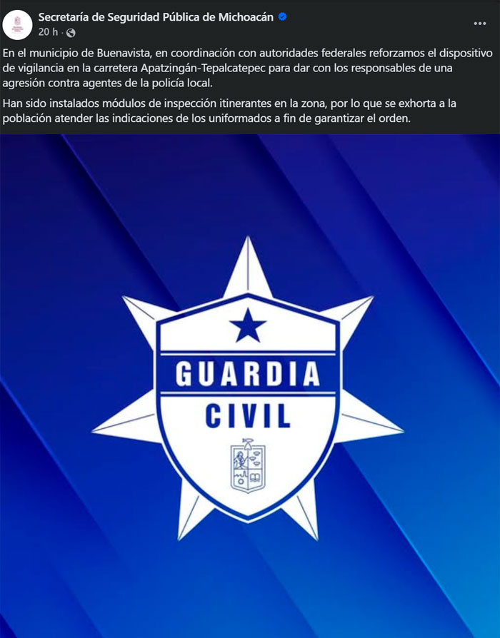 Ataque armado en Michoacán deja dos policías muertos