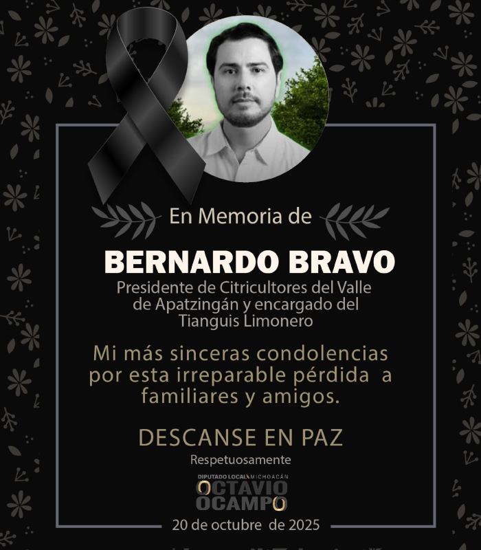 Bernardo Bravo, presidente de la Asociación de Citricultores del Valle de Apatzingán, es asesinado.