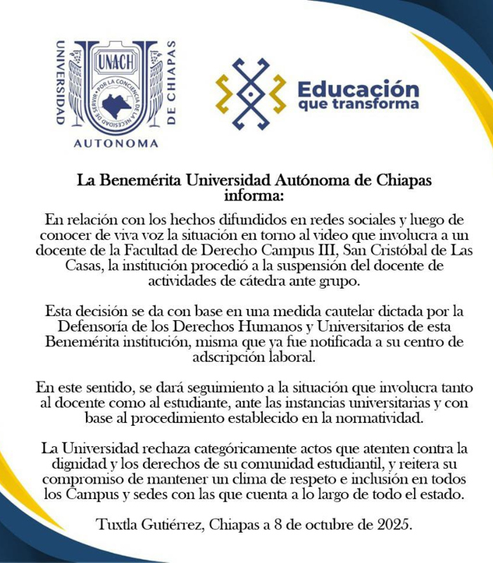 Universidad Autónoma de Chiapas cesa a profesor.