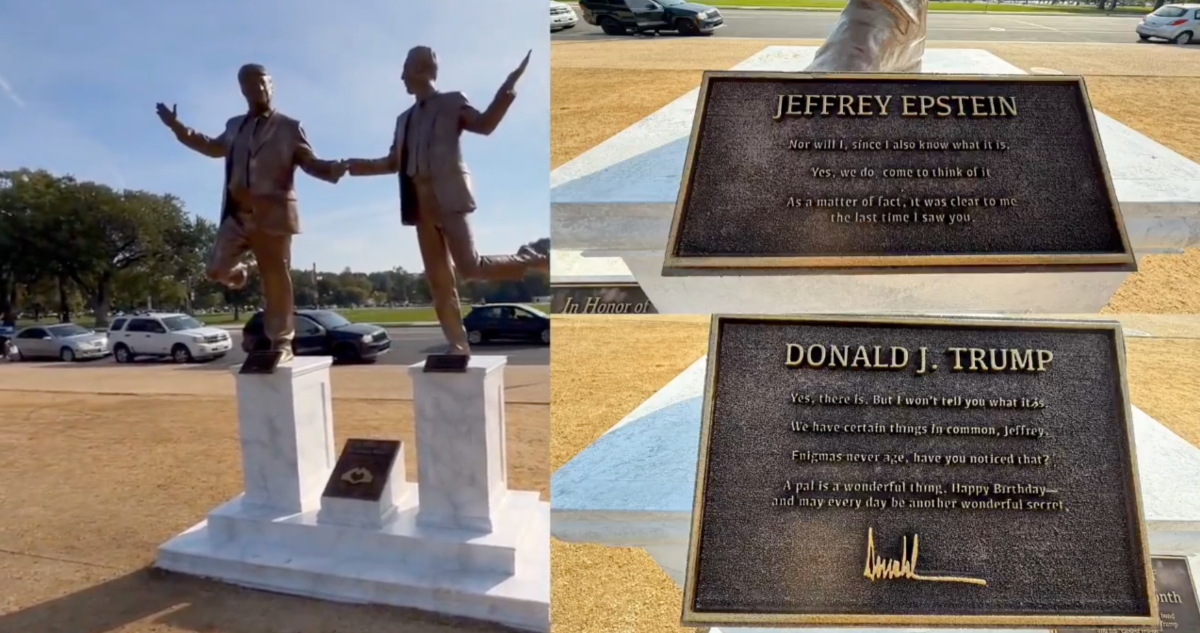 La estatua de Donald Trump y Jeffrey Epstein fue colocada nuevamente frente al Capitolio, en el "National Mall" de Washington, D.C., tras su reciente remoción.