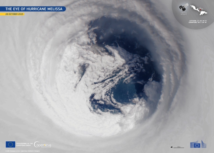 El satélite Copernicus Sentinel-2 capturó una imagen del ojo del huracán "Melissa" apenas unas horas antes de que tocara tierra en la costa sur de Jamaica.