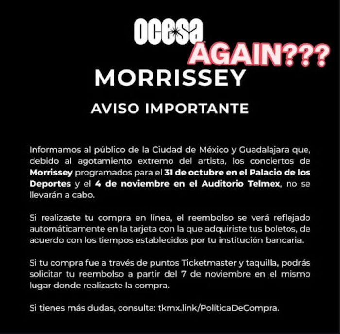 After Morrissey announced that he canceled his concerts in Mexico City and Guadalajara again, social networks were flooded with memes to mock him.