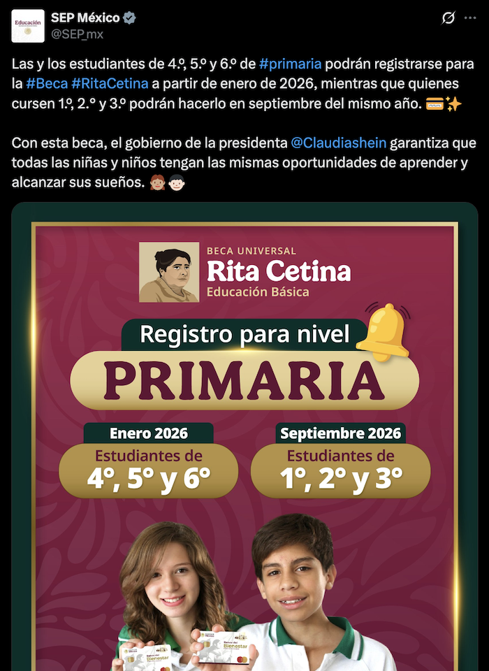 La SEP anunció que la Beca Rita Cetina abrirá el registro para estudiantes de primaria el próximo año 2026.