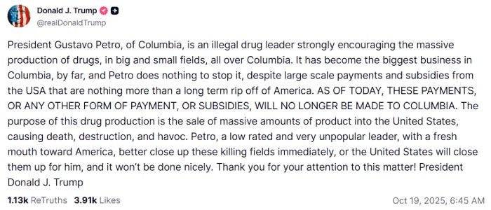 Trump accuses Petro and stops aid to Colombia.