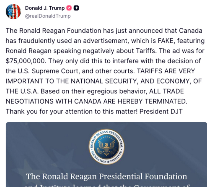 Trump rompe negociación comercial con Canadá. Tiene un "comportamiento atroz", dice