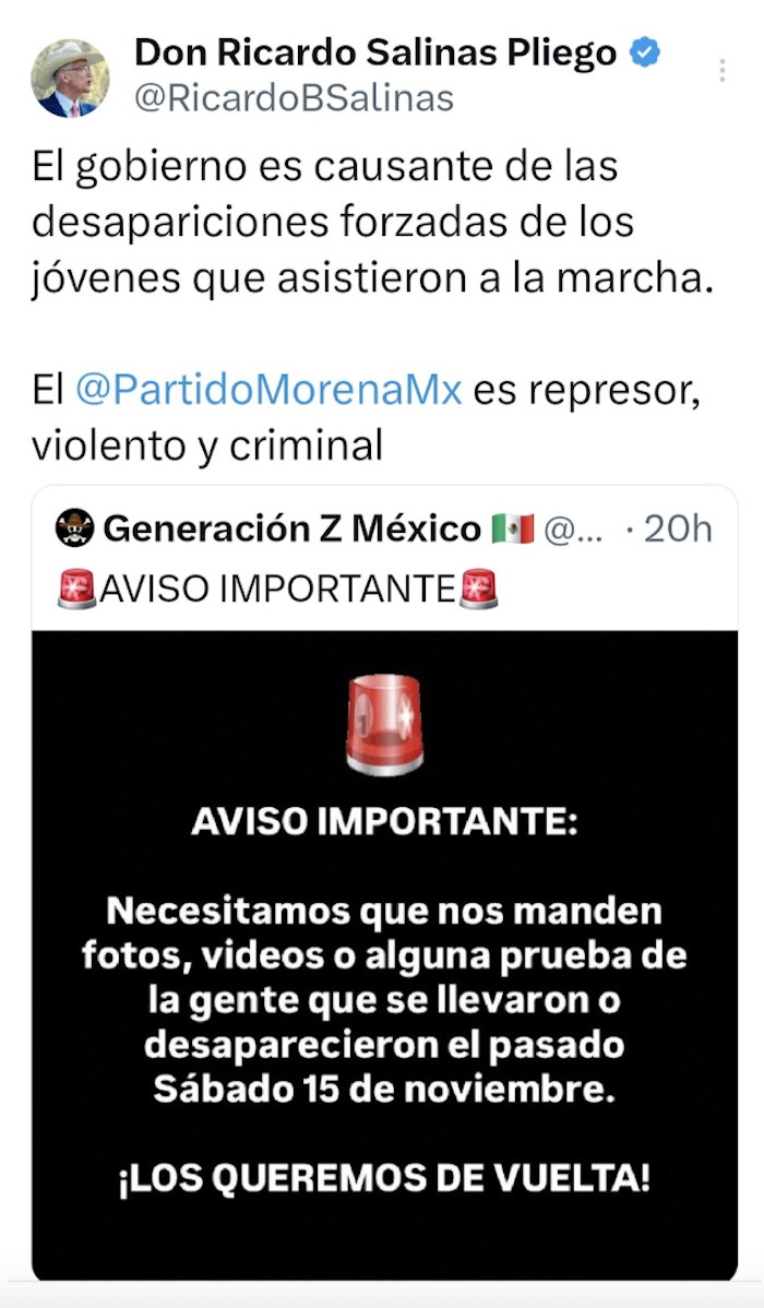 Los señalamientos de Salinas Pliegos son reiterativos sobre la responsabilidad del Gobierno actual en la "represión". Foto: Twitter