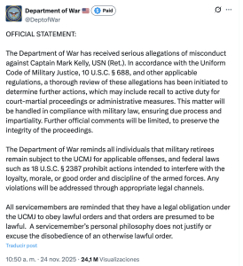 El Departamento de Guerra de EU amenazó al Senador demócrata Mark Kelly, retirado de la Marina.