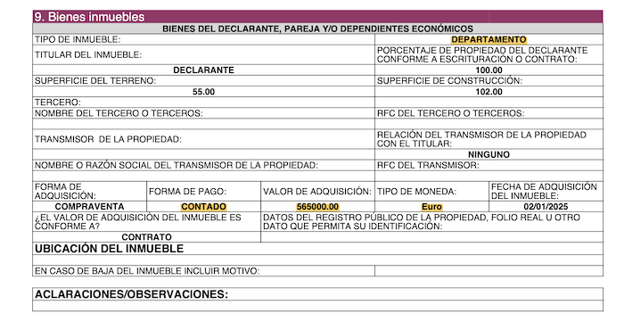 Marko Cortés recognized the cash payment in euros for an apartment in his asset declaration of May 2025. 