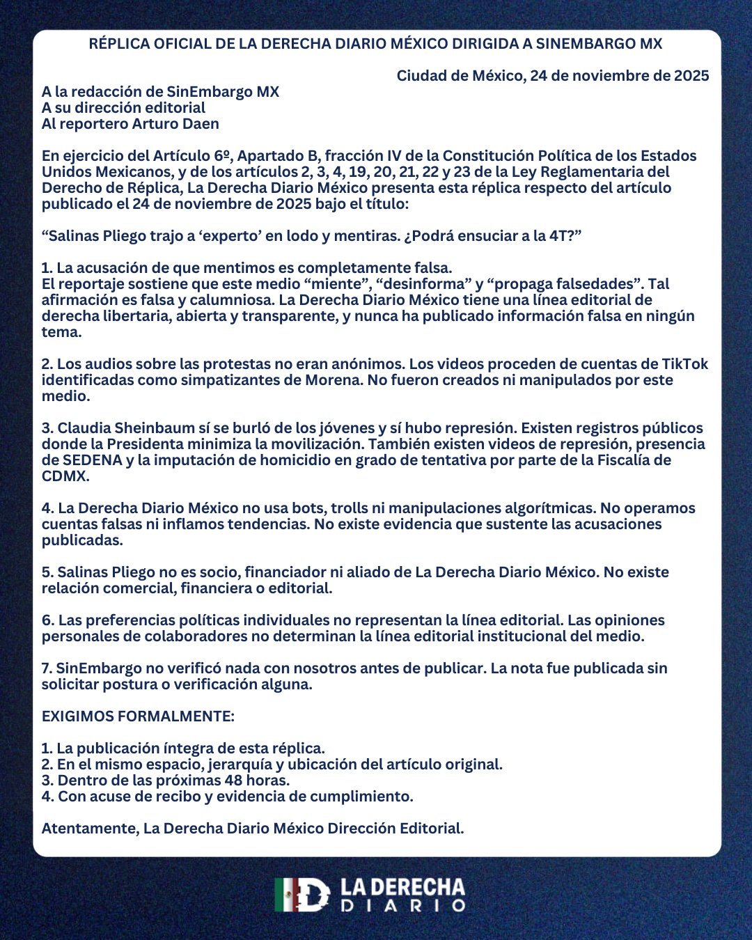 Segundo post de La Derecha Diario pidiendo réplica