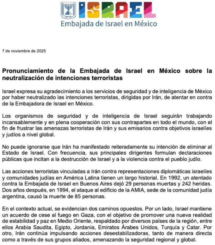 Comunicado de Israel en México
