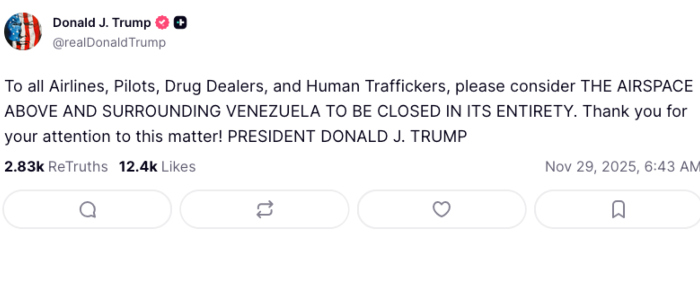 Trump cierra espacio aéreo de Venezuela