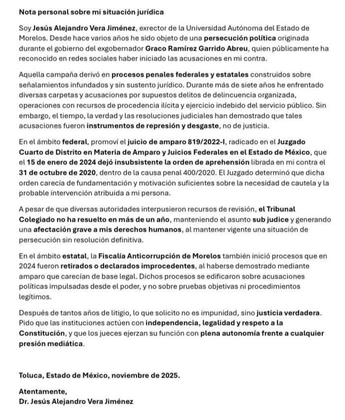 El exrector de la UAEM, Alejandro Vera Jiménez, acusó en una carta al exgobernador Graco Ramírez Abreu de haber iniciado una campaña en su contra. 