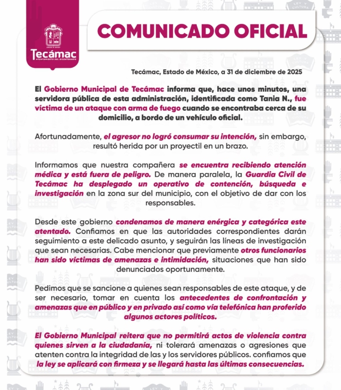 La Alcaldesa de Tecámac, Estado de México (Edomex), Rosi Wong, informó este miércoles que una servidora pública de este municipio fue atacada a balzos.