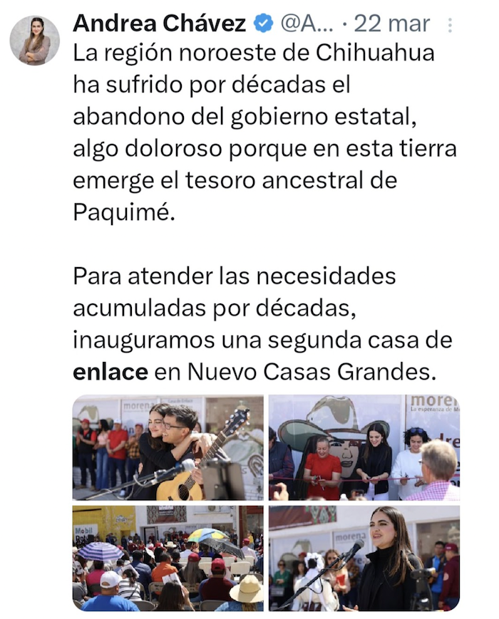 La Senadora Andrea Chávez Treviño presume cada fin de semana imágenes de sus viajes a Chihuahua para encabezar mítines, repartir volantes, regalar sillas de ruedas, lentes, despensas, materiales de construcción y vasos de café con su nombre, entre otros apoyos.