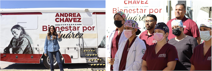 La Senadora Andrea Chávez Treviño presume cada fin de semana imágenes de sus viajes a Chihuahua para encabezar mítines, repartir volantes, regalar sillas de ruedas, lentes, despensas, materiales de construcción y vasos de café con su nombre, entre otros apoyos.
