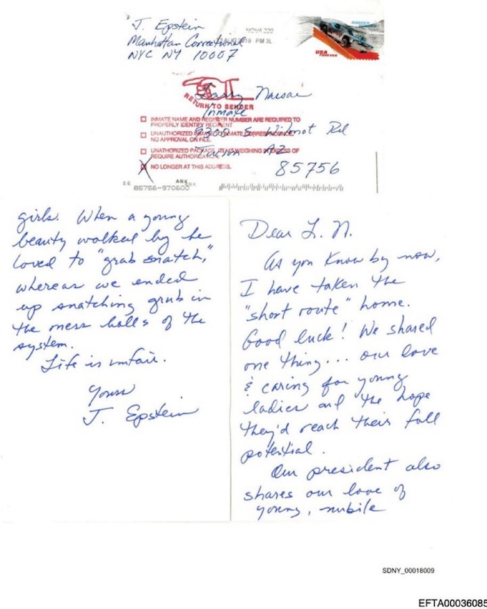 Epstein se puso en contacto con Nassar poco antes aparecer muerto. En una carta, sugiere que Donald Trump, Presidente de Estados Unidos (EU), es pederasta.