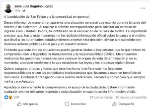 El Alcalde Dagnino confirmó la información luego de que medios locales informaran sobre la revocación de su visa.