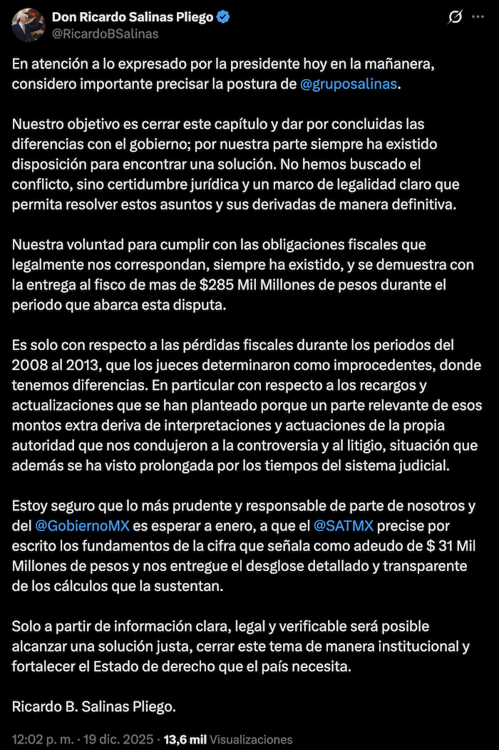 El Gobierno de México cobrará a partir de enero del próximo año al menos 51 mil mdp a Grupo Salinas, propiedad de Ricardo Salinas Pliego, informó el SAT.