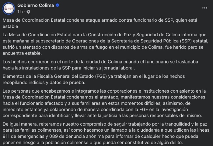 Atentan contra Subsecretario en Colima.