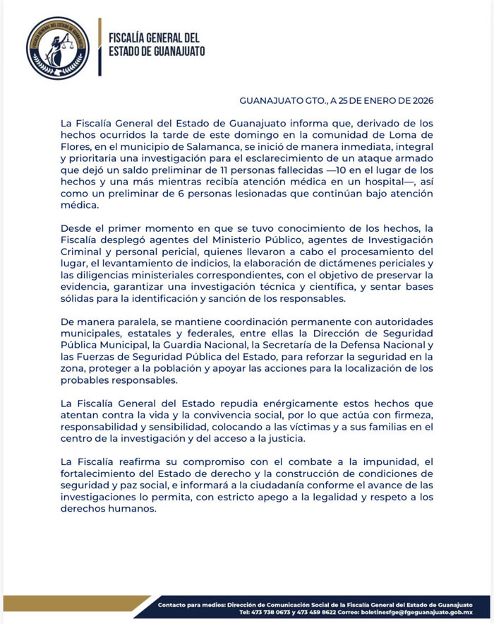 Ataque armado en Salamanca deja 11 muertos