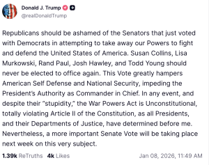 Trump respondió a los senadores republicanos que votaron para restringir su poder.